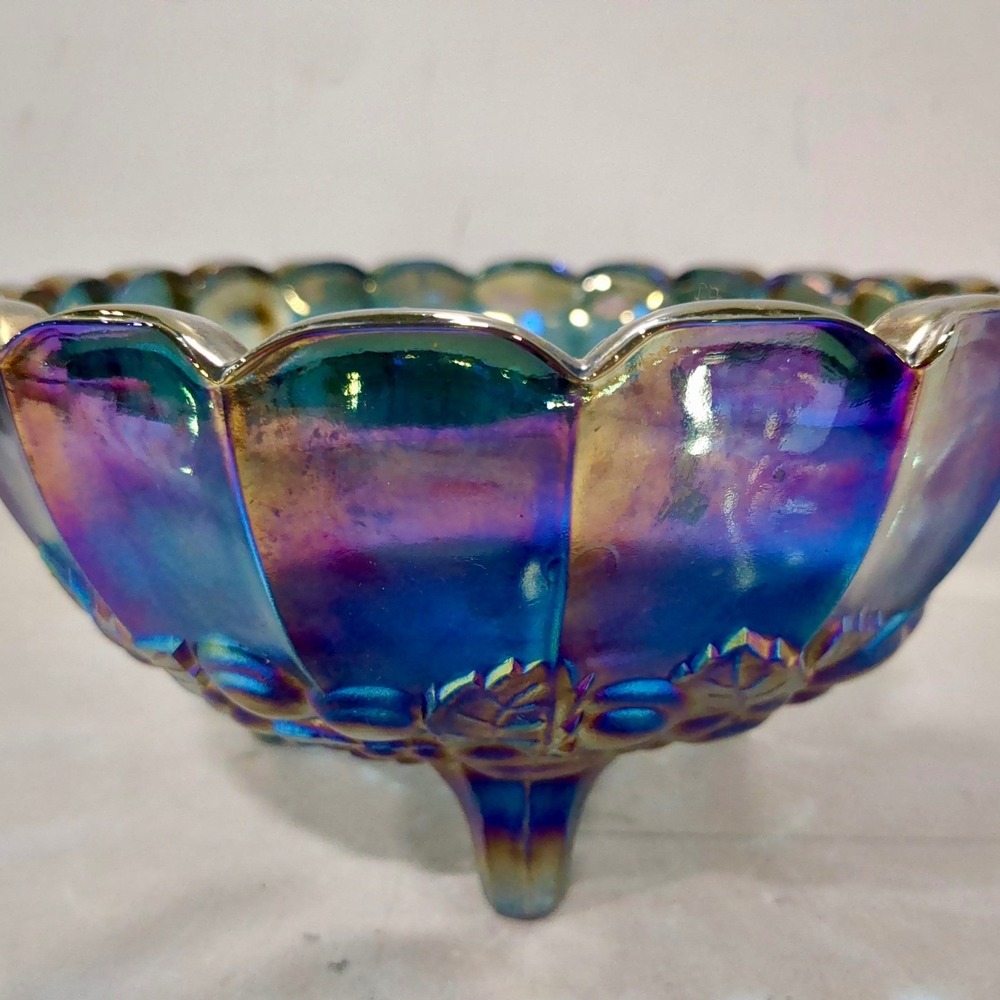 Blue Carnival Glass Grape Leaf Footed Bowl 12" Iridescent Centerpiece